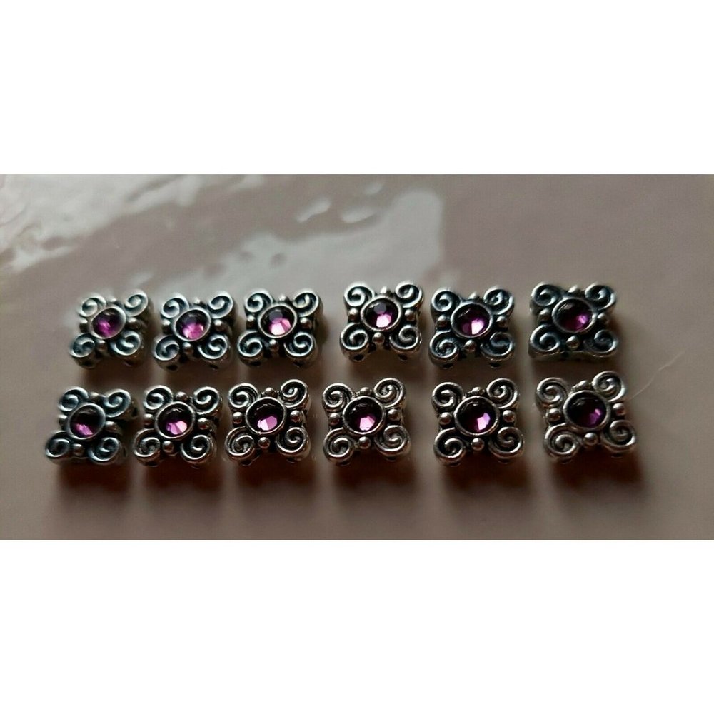 12 Double Hole Silver Metal Sliders Beads Genuine Amethyst Purple Crystals 12mm